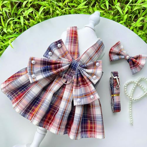Elegantes Kariertes Haustierkleid mit Schleife & Leinen-Set - Stilvolles Hunde- & Katzenoutfit von XINGNIAO