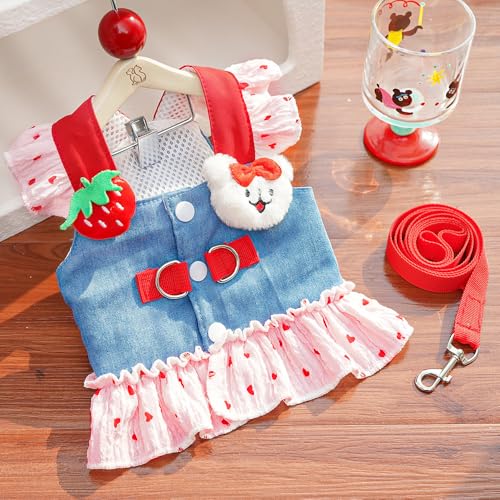Stylisches Denim-Haustierkleid mit verstellbarem Geschirr & Leinen-Set - Atmungsaktives Frühjahr/Sommer-Outfit für Hunde & Katzen von XINGNIAO