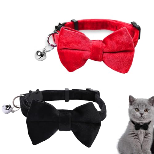 2 Stück Personalisierte Katzen Halsband,Katzenhalsband mit Glöckchen und Fliege,Personalisiert Haustierzubehör für Haustiere Katzen Welpen (Schwarz, Rot) von XINTANGXIA