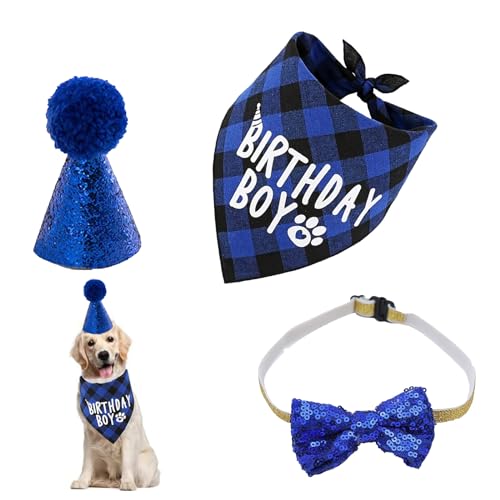 3 Stücke Hund Geburtstag Party Supplies Hund Geburtstag Partyhut Halstuch Krawatten Hunde Zubehör Set für kleine und mittelgroße Haustiere (Blau) von XINTANGXIA