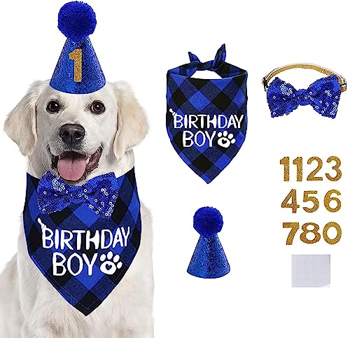 Hundegeburtstagsparty-Zubehör, Hundegeburtstags-Party-Dekorationen, Hundegeburtstag Jungen Bandana Hund Geburtstag Hut mit Hund Fliege Halsband, für Haustier Welpen Katze Geburtstagsparty Dekorationen von XINTONG