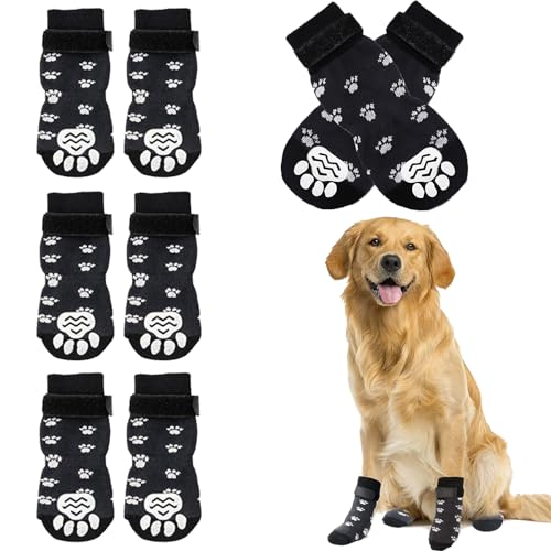 4 Paar Indoor Anti-Rutsch Socken für Hunde Pfotenschutz für Alter Hund Antirutschsocken Hund Mit Klettverschluss rutschfeste Pfotenschutz-Hundesocken Verbessern Sie Den Halt Ihres Hundes (L, Schwarz) von XIONGXIAOZHI