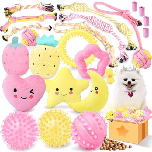 XIUGOAL Pink Puppy Toys for Tething - 23 Pack Puppy Chew Toys for Langeweile, Interactive Dog Toys for Puppies, Cute Small Dog Toys with Treat Ball, Squeaky Dog Chew Toys and Ropes von XIUGOAL