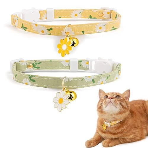 XIXKOLYU 2 Pack Cotton Breakaway Cat Collar with Bell,Yellow&Green Flowers Pendant Cute Cat Collar Kitten Collar,Ideal for Girl Cats Boy Cats von XIXKOLYU