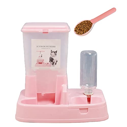 XJDZ Futterautomat Automatischer Wasserspender Mit Löffel rutschfeste Hunde Katzen Futternapf Set Mit 400ml Flasche (Color : Pink) von XJDZ