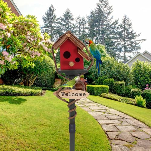 Vogelhäuser für draußen mit Stange, 27,6 Zoll hohes Holz Vogelhaus, Hüttenvogelhausstand, dekorative Vogelhaus Gartenpfahl für Rasenhof rot | Vogelhäuser von XJKLBYQ