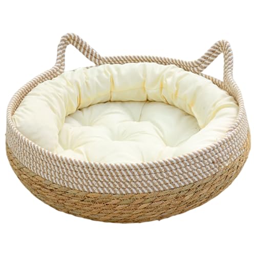 XJKLBYQ Katzenbetten für Innen-, gewebte Katzenkörbebett mit weichem Kissen, kratzfestes Kätzchenbett gemütlichen runden Korbkorb/ 16x6 Zoll von XJKLBYQ