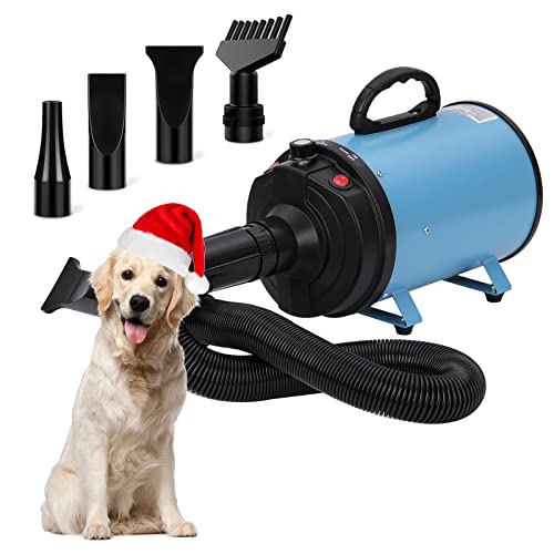 XKISS hundefön 3200W Pet Dryer Hundetrockner Blower mit Einstellbarer Windgeschwindigkeit und Temperaturen, 4 Düsen (Blau) von XKISS