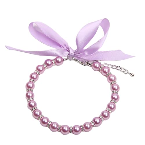 XKSRWE Hunde- und Katzenperlen-Halsband mit Bling-Zubehör und Schleife, Haustier-Welpen-Schmuck für Hündinnen, Katzen, klein, mittel (L, lila) von XKSRWE