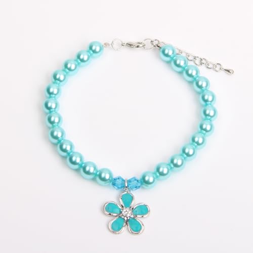 XKSRWE Perlen-Halsband für Hunde und Katzen, mit Strass, Blumen-Charm-Anhänger, Haustier-Schmuck-Accessoire (blau, klein) von XKSRWE