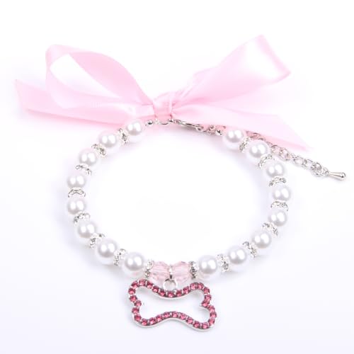 XKSRWE Perlen-Halsband für Hunde und Katzen, mit Strasssteinen, Knochen-Charm-Anhänger, Haustier-Schmuck-Accessoire (Rosa, Größe XL) von XKSRWE