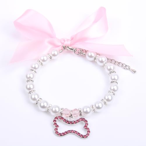 XKSRWE Perlen-Halsband für Hunde und Katzen, mit Strasssteinen, Knochen-Charm-Anhänger, Haustier-Welpen-Schmuckzubehör (Rosa, Größe M) von XKSRWE