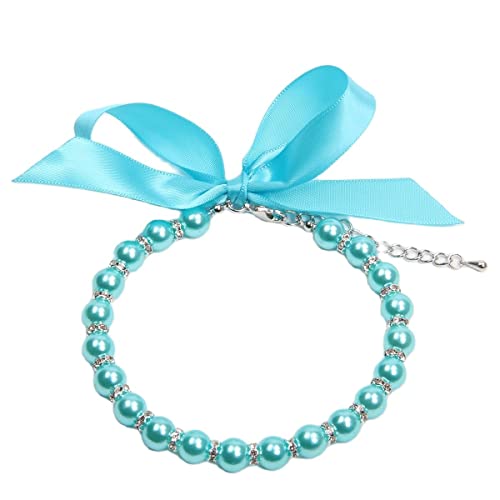XKSRWE Perlen-Halsband für Hunde und Katzen, mit glitzerndem Zubehör und Schleife, Haustier, Welpenschmuck für Hündinnen, Katzen, Größe S, M (UK), Blau von XKSRWE