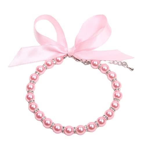 XKSRWE Perlen-Halsband für Hunde und Katzen, mit glitzerndem Zubehör und Schleife, Haustier, Welpenschmuck für Hündinnen, Katzen, Größe S, Rosa von XKSRWE