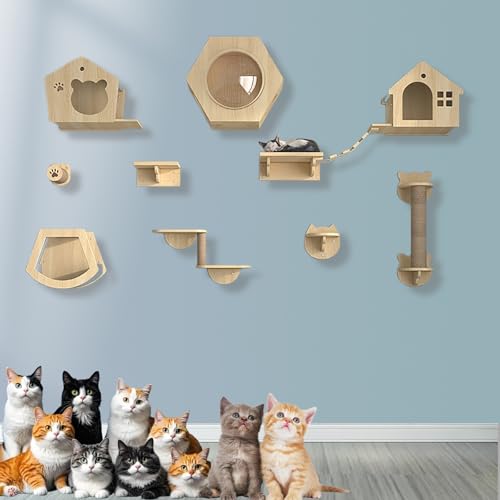 XMLYSMYS Holz-Kletterwand Katzen, An Der Wand Montiertes Katzenmöbel mit Kratzbaum/-brücke, für Kätzchen Zum Spielen(10PCS) von XMLYSMYS