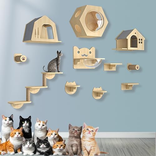 XMLYSMYS Holz-Kletterwand Katzen, An Der Wand Montiertes Katzenmöbel mit Kratzbaum/-brücke, für Kätzchen Zum Spielen(11PCS) von XMLYSMYS