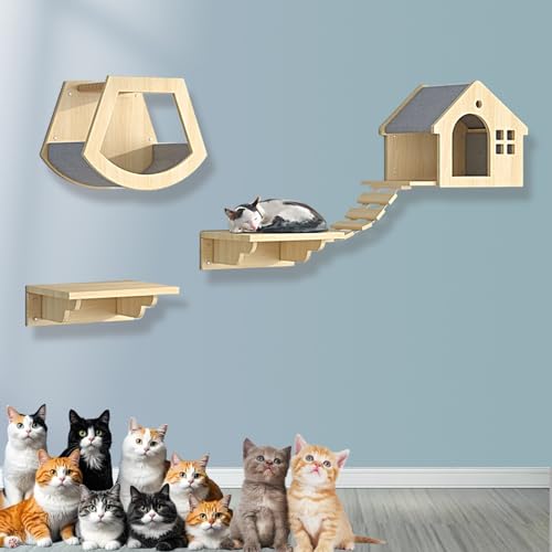 XMLYSMYS Holz-Kletterwand Katzen, An Der Wand Montiertes Katzenmöbel mit Kratzbaum/-brücke, für Kätzchen Zum Spielen(4PCS) von XMLYSMYS