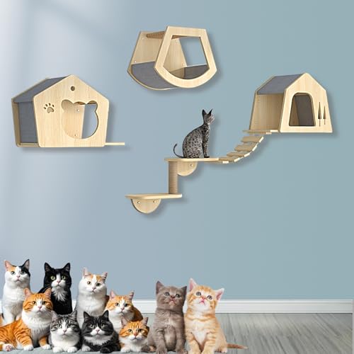 XMLYSMYS Holz-Kletterwand Katzen, An Der Wand Montiertes Katzenmöbel mit Kratzbaum/-brücke, für Kätzchen Zum Spielen(5PCS) von XMLYSMYS