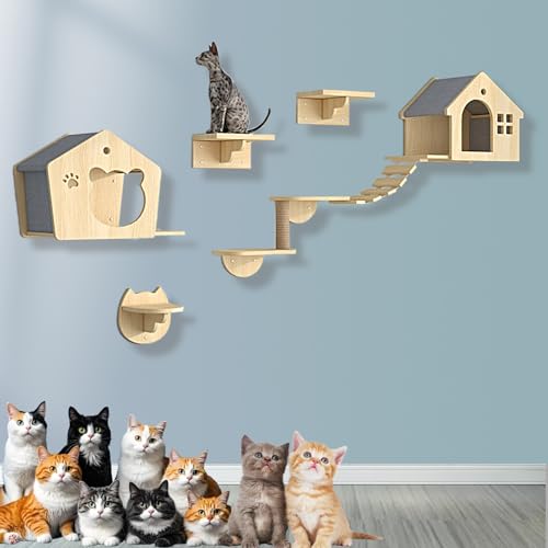 XMLYSMYS Holz-Kletterwand Katzen, An Der Wand Montiertes Katzenmöbel mit Kratzbaum/-brücke, für Kätzchen Zum Spielen(7PCS) von XMLYSMYS