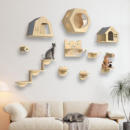 XMLYSMYS Katzen Kletterwand, Katzenmöbel Aus Holz Katzentreppe, Katzen Wandelemente Multifunktional Zum Schlafen, Spielen und Klettern(11PCS) von XMLYSMYS