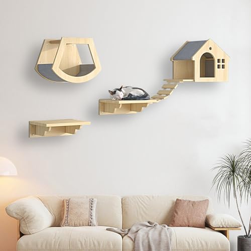 XMLYSMYS Katzen Kletterwand, Katzenmöbel Aus Holz Katzentreppe, Katzen Wandelemente Multifunktional Zum Schlafen, Spielen und Klettern(4PCS) von XMLYSMYS