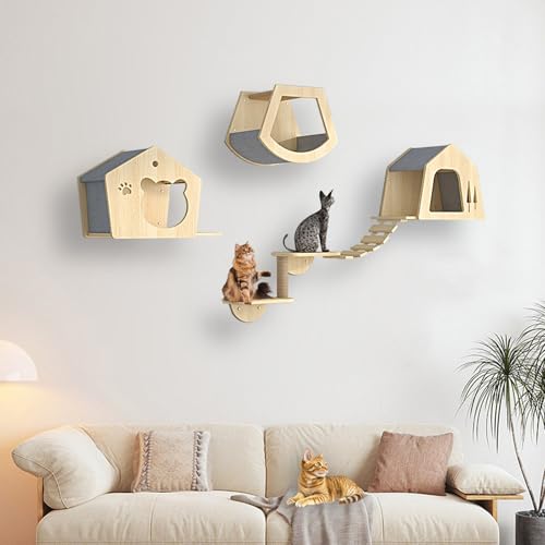 XMLYSMYS Katzen Kletterwand, Katzenmöbel Aus Holz Katzentreppe, Katzen Wandelemente Multifunktional Zum Schlafen, Spielen und Klettern(5PCS) von XMLYSMYS