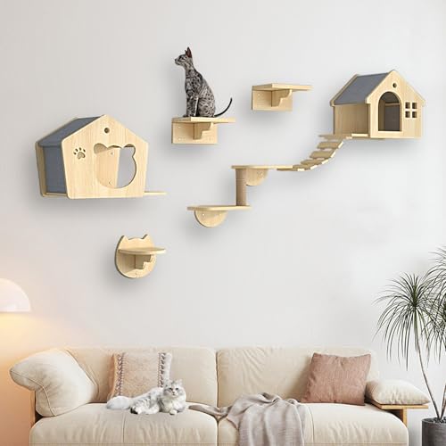 XMLYSMYS Katzen Kletterwand, Katzenmöbel Aus Holz Katzentreppe, Katzen Wandelemente Multifunktional Zum Schlafen, Spielen und Klettern(7PCS) von XMLYSMYS