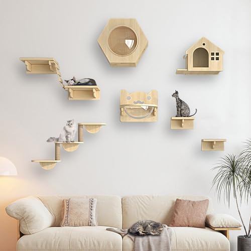 XMLYSMYS Katzen Kletterwand, Katzenmöbel Aus Holz Katzentreppe, Katzen Wandelemente Multifunktional Zum Schlafen, Spielen und Klettern(9PCS) von XMLYSMYS
