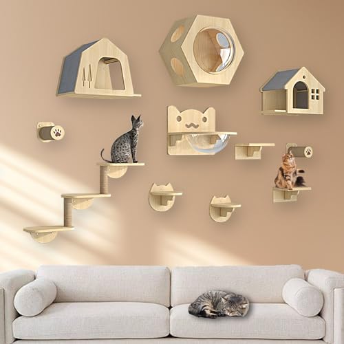 XMLYSMYS Katzen Kletterwand Set, Wand Montierte Katze-Hängematte Aus Holz mit Kratzbäumen/Katzentreppe/Plattformen Zum Schlafen, Spielen und Entspannen(11PCS) von XMLYSMYS