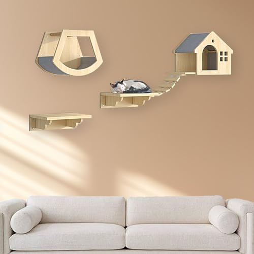 XMLYSMYS Katzen Kletterwand Set, Wand Montierte Katze-Hängematte Aus Holz mit Kratzbäumen/Katzentreppe/Plattformen Zum Schlafen, Spielen und Entspannen(4PCS) von XMLYSMYS