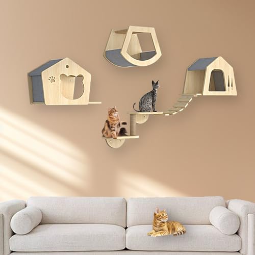 XMLYSMYS Katzen Kletterwand Set, Wand Montierte Katze-Hängematte Aus Holz mit Kratzbäumen/Katzentreppe/Plattformen Zum Schlafen, Spielen und Entspannen(5PCS) von XMLYSMYS