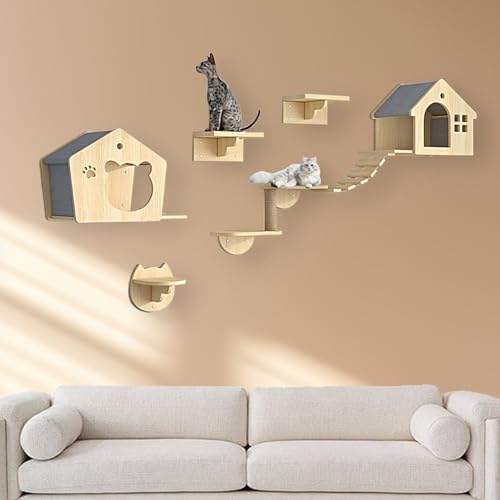 XMLYSMYS Katzen Kletterwand Set, Wand Montierte Katze-Hängematte Aus Holz mit Kratzbäumen/Katzentreppe/Plattformen Zum Schlafen, Spielen und Entspannen(7PCS) von XMLYSMYS