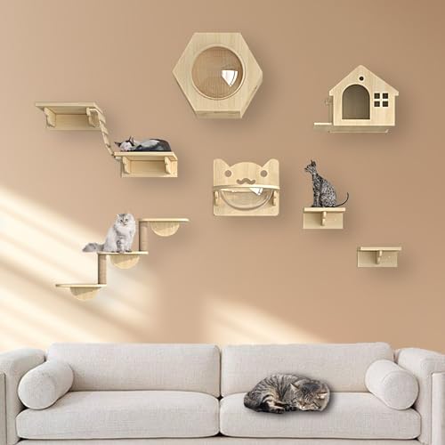 XMLYSMYS Katzen Kletterwand Set, Wand Montierte Katze-Hängematte Aus Holz mit Kratzbäumen/Katzentreppe/Plattformen Zum Schlafen, Spielen und Entspannen(9PCS) von XMLYSMYS