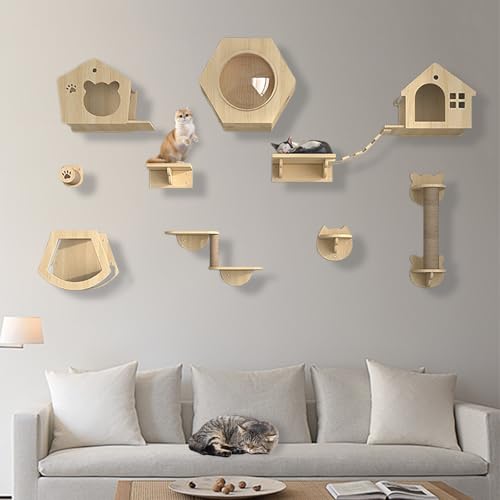 XMLYSMYS Katzen Kletterwand Set Holz-Katzentreppe Wand mit Sisal-überzogenen Säulen/Katzentreppe, Tragkraft 15kg, Katzenmöbel Set für Katzen Catwalk(10PCS) von XMLYSMYS