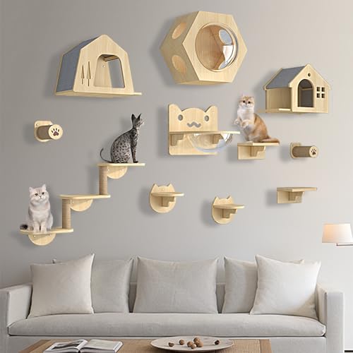 XMLYSMYS Katzen Kletterwand Set Holz-Katzentreppe Wand mit Sisal-überzogenen Säulen/Katzentreppe, Tragkraft 15kg, Katzenmöbel Set für Katzen Catwalk(11PCS) von XMLYSMYS