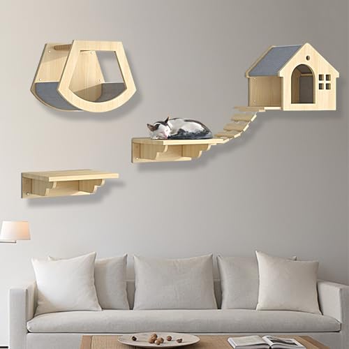 XMLYSMYS Katzen Kletterwand Set Holz-Katzentreppe Wand mit Sisal-überzogenen Säulen/Katzentreppe, Tragkraft 15kg, Katzenmöbel Set für Katzen Catwalk(4PCS) von XMLYSMYS
