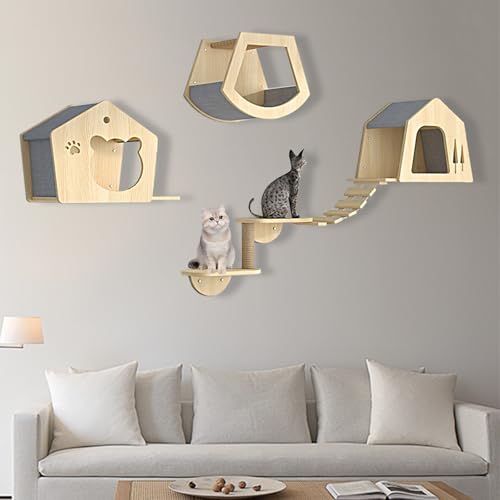 XMLYSMYS Katzen Kletterwand Set Holz-Katzentreppe Wand mit Sisal-überzogenen Säulen/Katzentreppe, Tragkraft 15kg, Katzenmöbel Set für Katzen Catwalk(5PCS) von XMLYSMYS