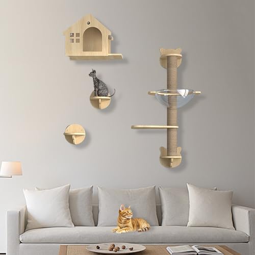 XMLYSMYS Katzen Kletterwand Set Holz-Katzentreppe Wand mit Sisal-überzogenen Säulen/Katzentreppe, Tragkraft 15kg, Katzenmöbel Set für Katzen Catwalk(6PCS) von XMLYSMYS