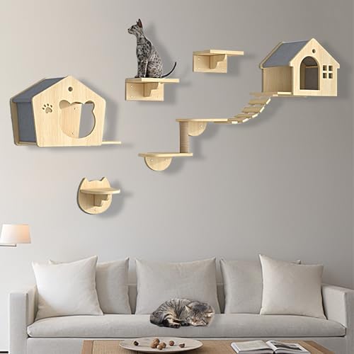 XMLYSMYS Katzen Kletterwand Set Holz-Katzentreppe Wand mit Sisal-überzogenen Säulen/Katzentreppe, Tragkraft 15kg, Katzenmöbel Set für Katzen Catwalk(7PCS) von XMLYSMYS