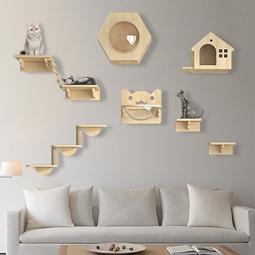 XMLYSMYS Katzen Kletterwand Set Holz-Katzentreppe Wand mit Sisal-überzogenen Säulen/Katzentreppe, Tragkraft 15kg, Katzenmöbel Set für Katzen Catwalk(9PCS) von XMLYSMYS