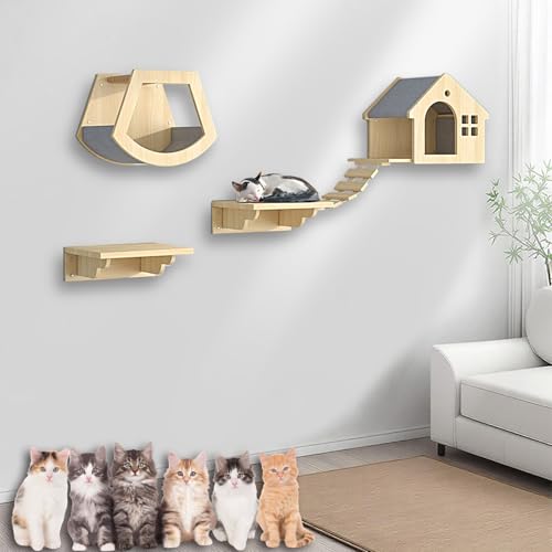 XMLYSMYS Katzentreppe Wand, Katzen Kletterwand Aus Holz Katzenmöbel Innen Wandpark, Platzsparend, für Katzenliebhaber, Zum Klettern, Schlafen, Spielen(4PCS) von XMLYSMYS