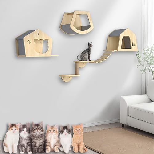 XMLYSMYS Katzentreppe Wand, Katzen Kletterwand Aus Holz Katzenmöbel Innen Wandpark, Platzsparend, für Katzenliebhaber, Zum Klettern, Schlafen, Spielen(5PCS) von XMLYSMYS