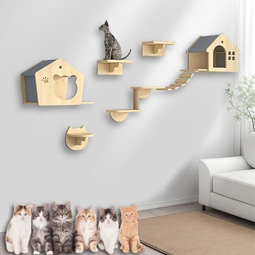 XMLYSMYS Katzentreppe Wand, Katzen Kletterwand Aus Holz Katzenmöbel Innen Wandpark, Platzsparend, für Katzenliebhaber, Zum Klettern, Schlafen, Spielen(7PCS) von XMLYSMYS