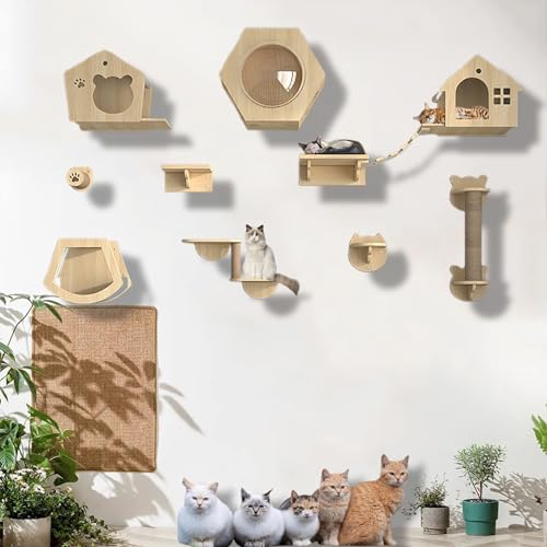 XMLYSMYS Katzenwandmöbel-Set mit Sprungbrettern, Holz-kletterwand Katzen, Schlafen, Katzenbaum, Spielen, Tragkraft 10kg(10PCS) von XMLYSMYS
