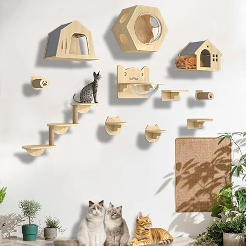 XMLYSMYS Katzenwandmöbel-Set mit Sprungbrettern, Holz-kletterwand Katzen, Schlafen, Katzenbaum, Spielen, Tragkraft 10kg(11PCS) von XMLYSMYS