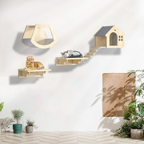 XMLYSMYS Katzenwandmöbel-Set mit Sprungbrettern, Holz-kletterwand Katzen, Schlafen, Katzenbaum, Spielen, Tragkraft 10kg(4PCS) von XMLYSMYS