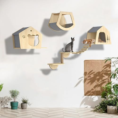 XMLYSMYS Katzenwandmöbel-Set mit Sprungbrettern, Holz-kletterwand Katzen, Schlafen, Katzenbaum, Spielen, Tragkraft 10kg(5PCS) von XMLYSMYS