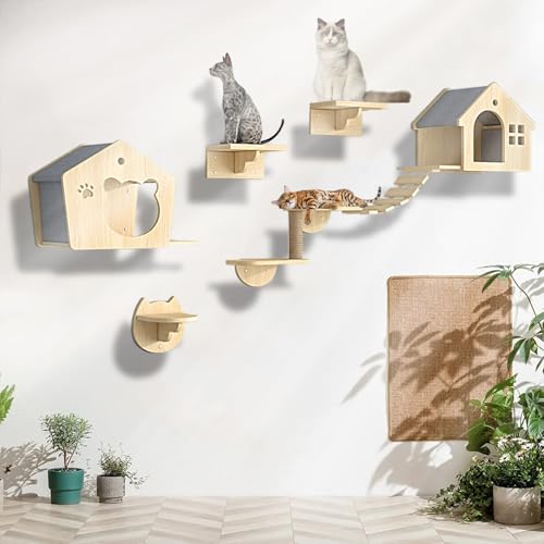 XMLYSMYS Katzenwandmöbel-Set mit Sprungbrettern, Holz-kletterwand Katzen, Schlafen, Katzenbaum, Spielen, Tragkraft 10kg(7PCS) von XMLYSMYS