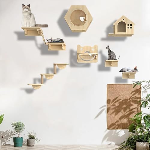 XMLYSMYS Katzenwandmöbel-Set mit Sprungbrettern, Holz-kletterwand Katzen, Schlafen, Katzenbaum, Spielen, Tragkraft 10kg(9PCS) von XMLYSMYS
