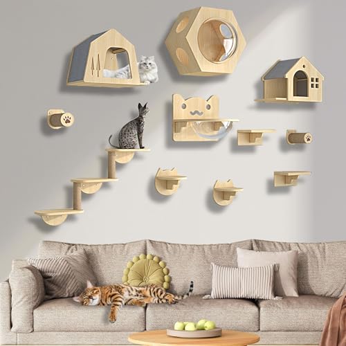 XMLYSMYS Kletterwand Katzen, Kratzbaum Wand, Holz-Kratzbaum mit Stufen und Leiter, Dekoration-Geschenk für Katzenliebhaber(11PCS) von XMLYSMYS